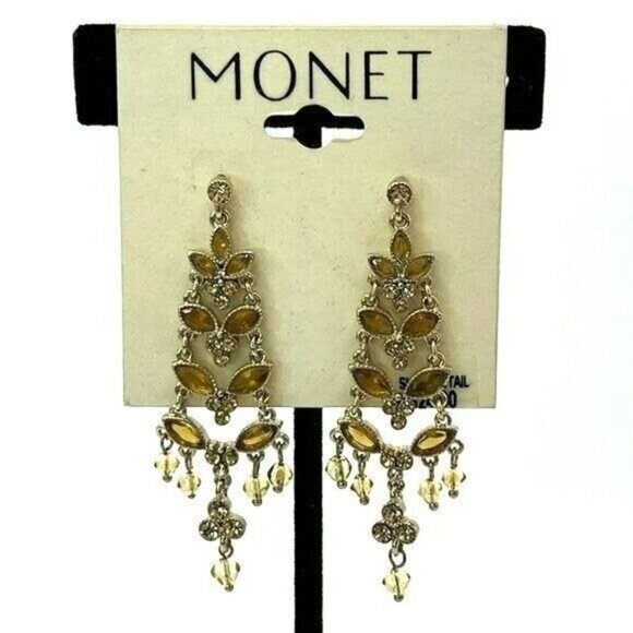 Monet Chandelier Olive Green Peridot Pear Stud Dangle Drop Earrings Gold Tone - Picture 2 of 5